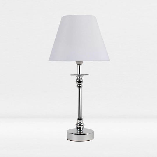 First Choice Lighting - Chrome Plated Bedside Table Light with Ball Detail Column White Fabric Shade - Polished chrome plate and textured white cotton