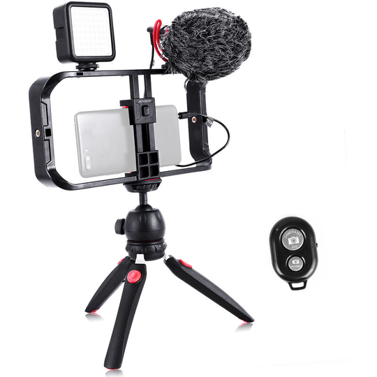 Andoer - Smartphone Video Rig Kit Including Smartphone Cage with 3 Cold Shoe Mounts + Mini led Video Lights + Microphone with Shock Mount Wind Screen