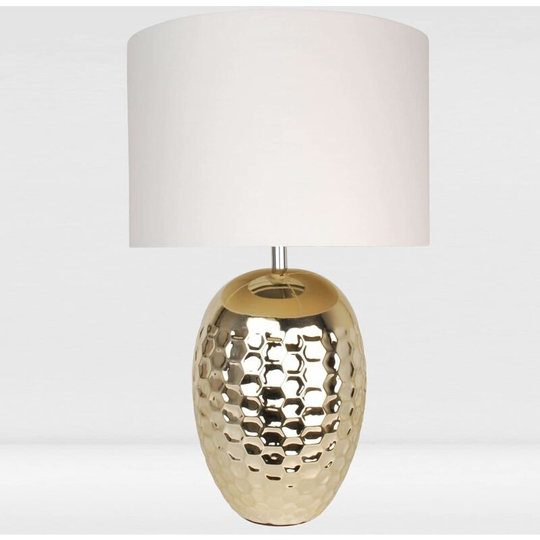First Choice Lighting - Textured Ceramic Bedside Table Light with Pale Gold Plated Finish and White Textured Cotton Fabric Shade - Pale gold glaze