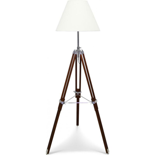 Privatefloor - Tripod Floor Lamp - Classic White Lampshade - Height Adjustable Brown Steel, Wood, Fabric, Fabric, Metal, Wood - Brown