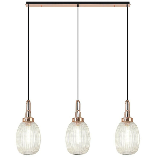 Luminosa Lighting - Luminosa Yorktown Linear 3 Light Ceiling Pendant E27 With 20cm Almond Ribbed Glass, Champagne Copper, Matt Black