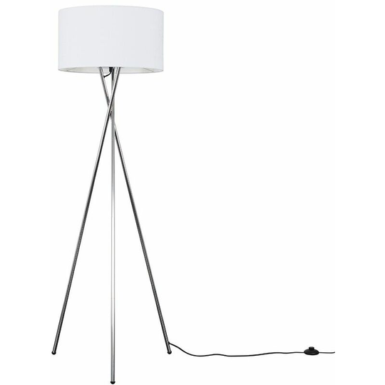 Floor Lamp Tripod Camden Light in Chrome with Cylinder Lampshade - White + led Bulb