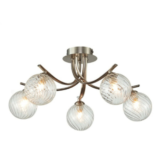 Spring Contemporary Multi Arm Semi Flush Ceiling 5 Light Satin Nickle, Glass