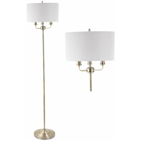 First Choice Lighting - 3 Light Antique Brass Floor Standard Light with Grey Fabric Shade - Antique brass plate and grey cotton