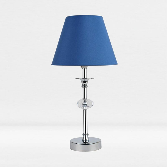 First Choice Lighting - Chrome Plated Stacked Bedside Table Light Faceted Acrylic Detail Blue Fabric Shade - Polished chrome plate with clear acrylic