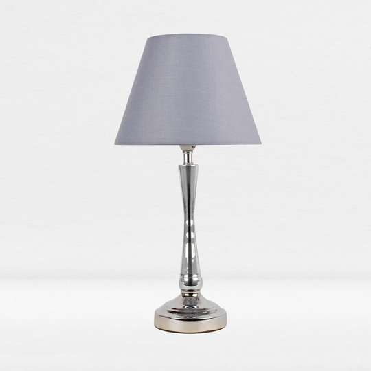 First Choice Lighting - Chrome Plated Bedside Table Light with Curved Column Grey Fabric Shade - Polished chrome plate and textured grey cotton