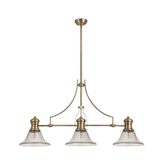 Luminosa Lighting - 3 Light Telescopic Ceiling Pendant E27 With 30cm Smooth Bell Glass Shade, Antique Brass, Clear