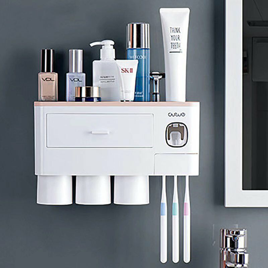 Betterlifegb - Automatic toothpaste distributor with cup, wall-mounted toilet storage media, bathroom accessories set, toothbrush holder (pink)