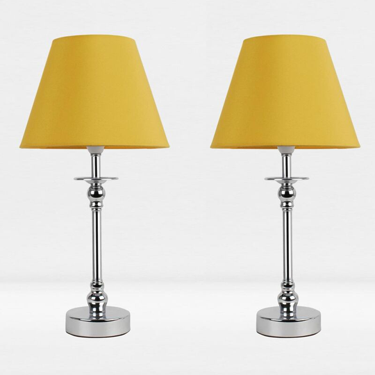 First Choice Lighting - Set of 2 Chrome Plated Bedside Table Light with Ball Detail Column Ochre Fabric Shade - Polished chrome plate and textured