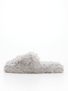 V by Very Faux Fur Slider Slipper - Light Grey, Light Grey, Size M (5-6), Women