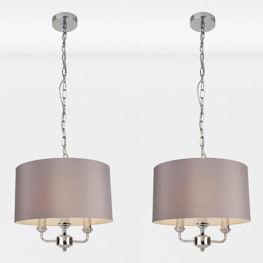 Pair of 3 Light Chrome Pendant Chandelier with Grey Fabric Shade - Polished chrome plate and grey cotton