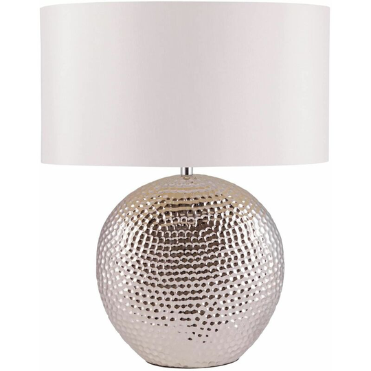 First Choice Lighting - Dimpled Textured Oval Chrome Plated Ceramic Bedside Table Light Base with White Faux Silk Oval Fabric Shade - Polished chrome