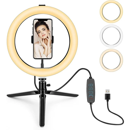 Monly - 10 Inch led Ring Light with 3 Light Modes and 10 Brightness Levels and Adjustable Tripod Stand, Flexible Cell Phone Holder, Dimmable Desktop