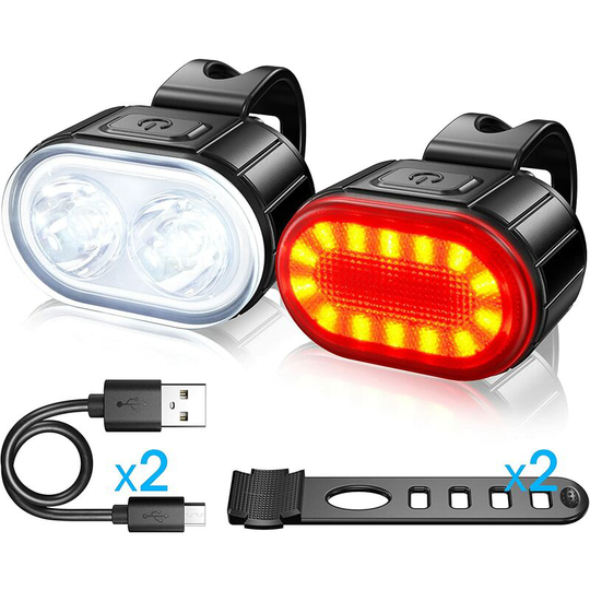 Aougo - led, usb rechargeable front and rear lights, IPX5 waterproof led bicycle lights, double bead headlights, suitable for all bicycles and all