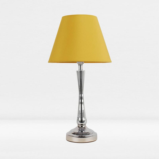 First Choice Lighting - Chrome Plated Bedside Table Light with Curved Column Ochre Fabric Shade - Polished chrome plate and textured ochre cotton