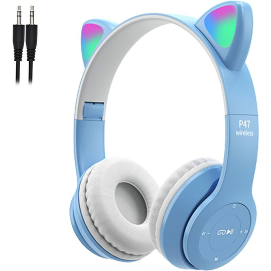 Kids Headphones, Childrens Headphones with led Glowing and Microphone, Pluggable, Use tf Card, Foldable Wireless Bluetooth Stereo Headset-Blue