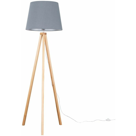 Floor Lamp Modern Wooden Tripod Light in Light Wood with Tapered Shade - Grey + led Bulb