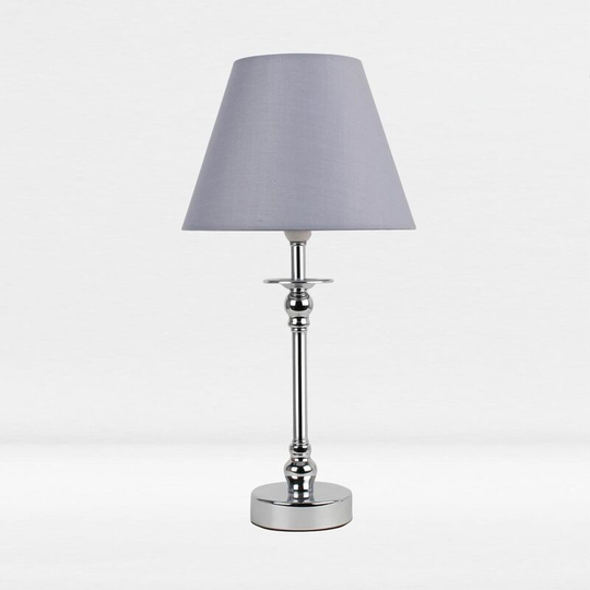 First Choice Lighting - Chrome Plated Bedside Table Light with Ball Detail Column Grey Fabric Shade - Polished chrome plate and textured grey cotton