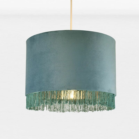 First Choice Lighting - Teal Velvet With Chrome Inner Tassled Light Shade - Teal velvet with chrome inner detail