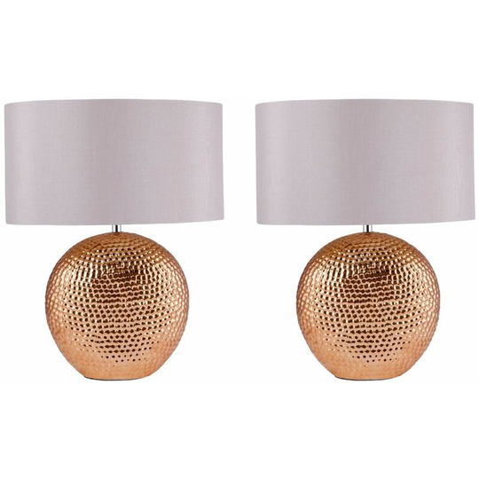 First Choice Lighting - Set of 2 Dimpled Textured Oval Copper Plated Ceramic Bedside Table Light Base with Grey Faux Silk Oval Fabric Shade - Copper
