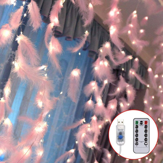 300 led Rose Feather Fairy String Lights with 8 Light Modes Remote Control Romantic Wall Curtain Decoration for Wedding Birthday Party Bedroom Indoor