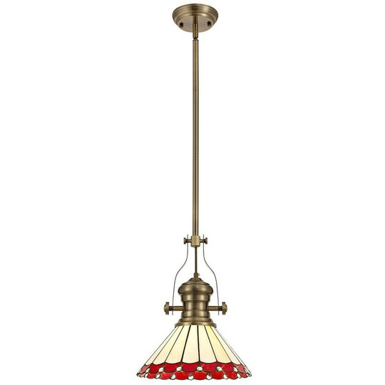 Luminosa Lighting - 1 Light Telescopic Ceiling Pendant E27 With 30cm Tiffany Shade, Antique Brass, Red, Crystal