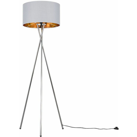 Floor Lamp Tripod Camden Light in Chrome with Cylinder Lampshade - Grey & Gold