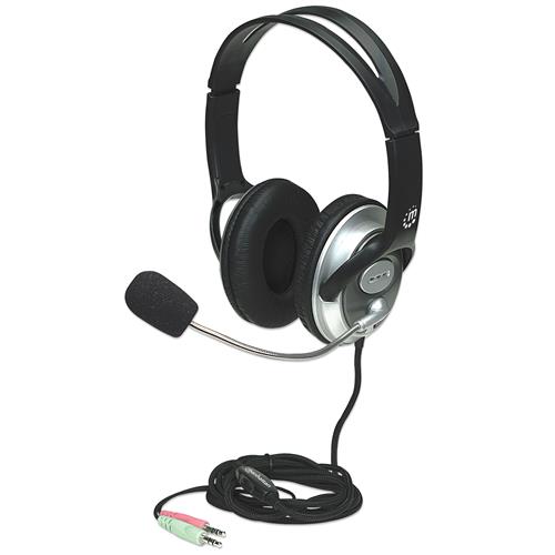 Manhattan Stereo Over-Ear Headset (3.5mm) Microphone Boom (padded) Adjustable Steel Headband In-Line Volume Control Ear Cushions Std 2x 3.5mm stereo jack/plug for audio/mic use cable 2.5m 3 Year Warranty