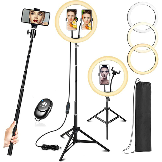 Thsinde - 12-inch ring light with 67-inch extendable tripod stand and 2 mobile phone stands, AsFrost dimmable led Selfie ring light, used for