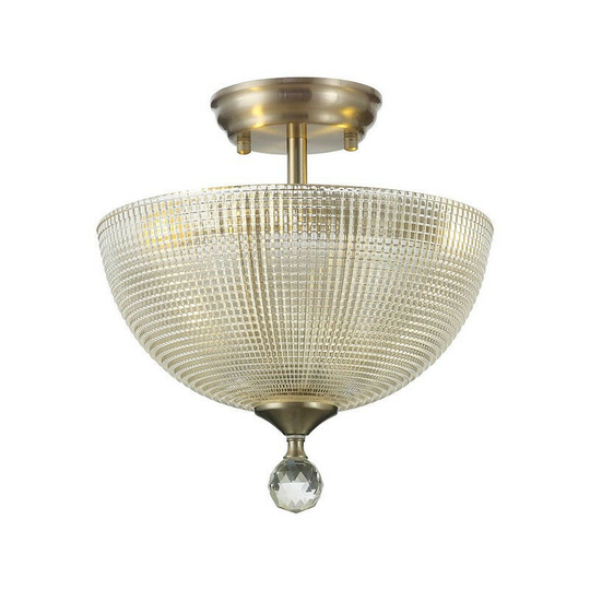 Luminosa Lighting - Luminosa Dresden 2 Light Semi Flush Ceiling Lamp E27 With Round 30cm Prismatic Effect Glass Shade Satin Nickel, Clear