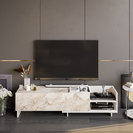 Parion tv Stand, tv Cabinet, tv Unit, Multimedia Centre with Dropdown Cabinet and Open Shelves - White Marble Effect and White - Decorotika