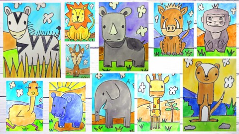 Draw & Watercolor Paint 11 Cartoon Animals for Beginners