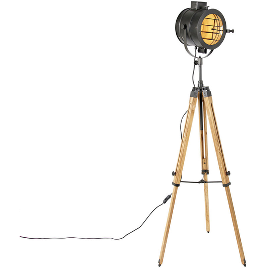 Qazqa - Tripod floor lamp black with wood studio spot - Shiny - Black