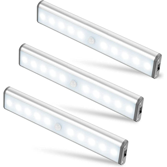 Aougo - Set of 3 10 led Lights, Wireless, usb Rechargeable, Magnetic, Motion Detector, 2 Lighting Modes, Portable. Closet light, emergency hand lamp,