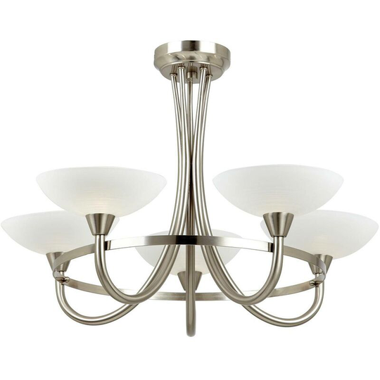 Endon Cagney - 5 Light Semi Flush Multi Arm Ceiling Light Satin Chrome, White Painted Glass with Faint Line Pattern, G9